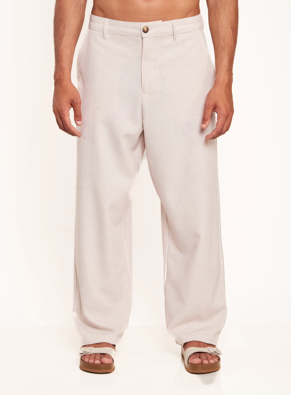 Calça Masculina Wide Leg Com Bolsos Bege