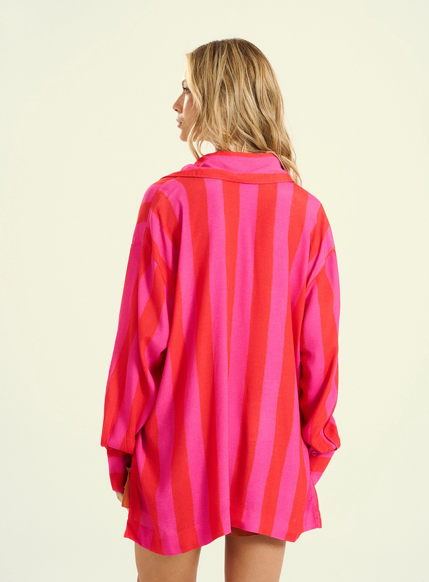 Camisa Feminina Oversized  Com Listras E Bordado Rosa 2