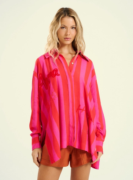 Camisa Feminina Oversized  Com Listras E Bordado