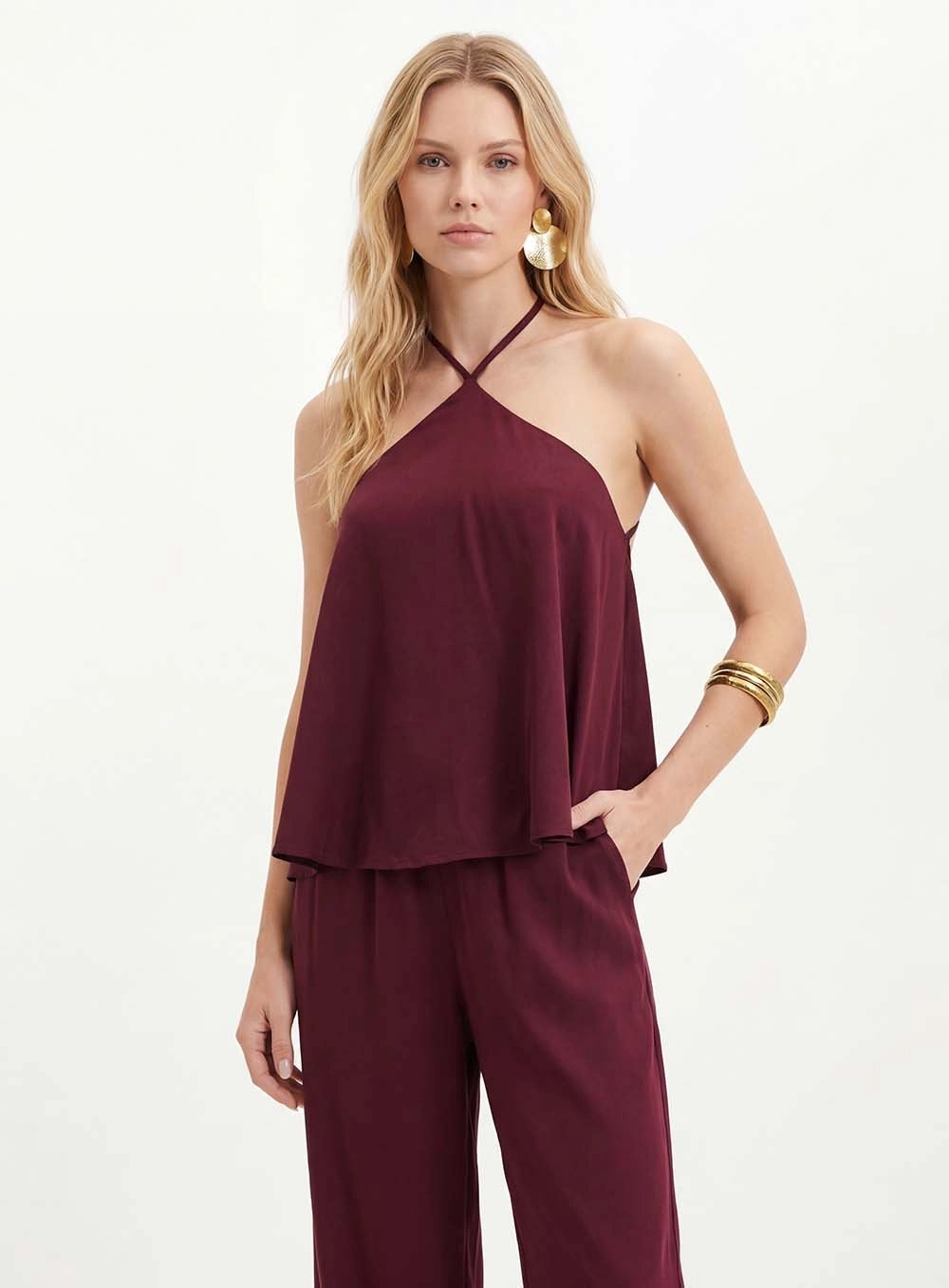 Macacão Frente Única Com Bolsos - Pantalona Vermelho 3