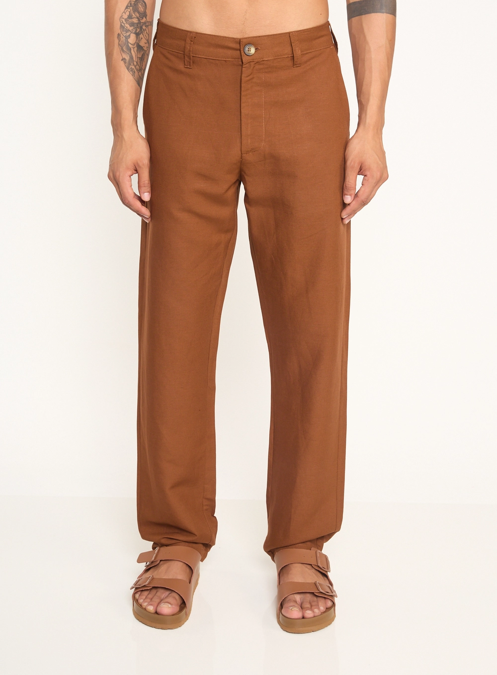 Calça Masculina Linho Reta Marrom