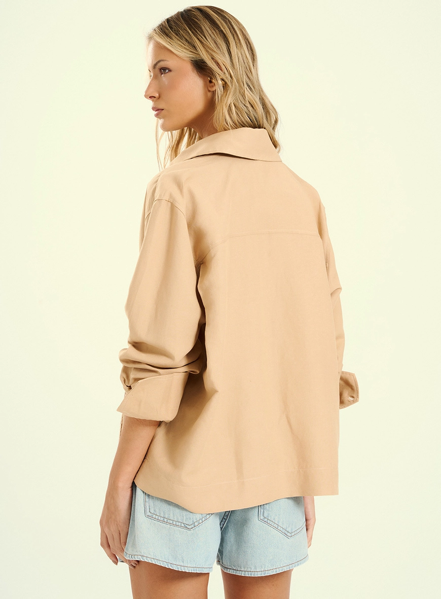 Camisa Feminina Oversized Linho Bordada Bege 2