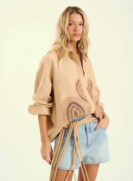 Camisa Feminina Oversized Linho Bordada