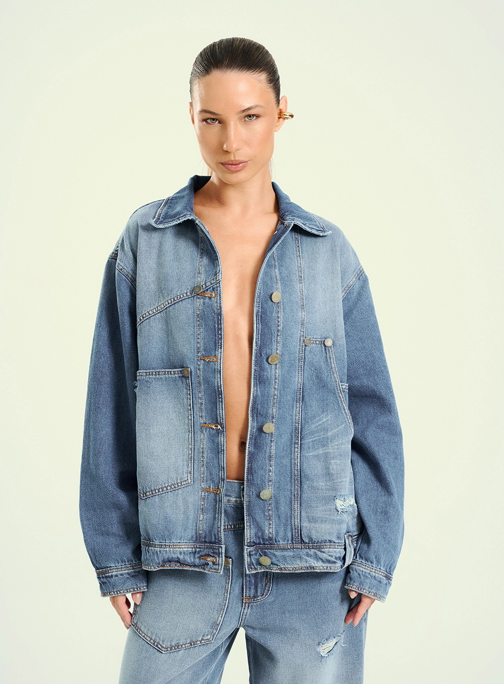 Jaqueta Feminina Jeans Oversized Com Bolsos Índigo 1