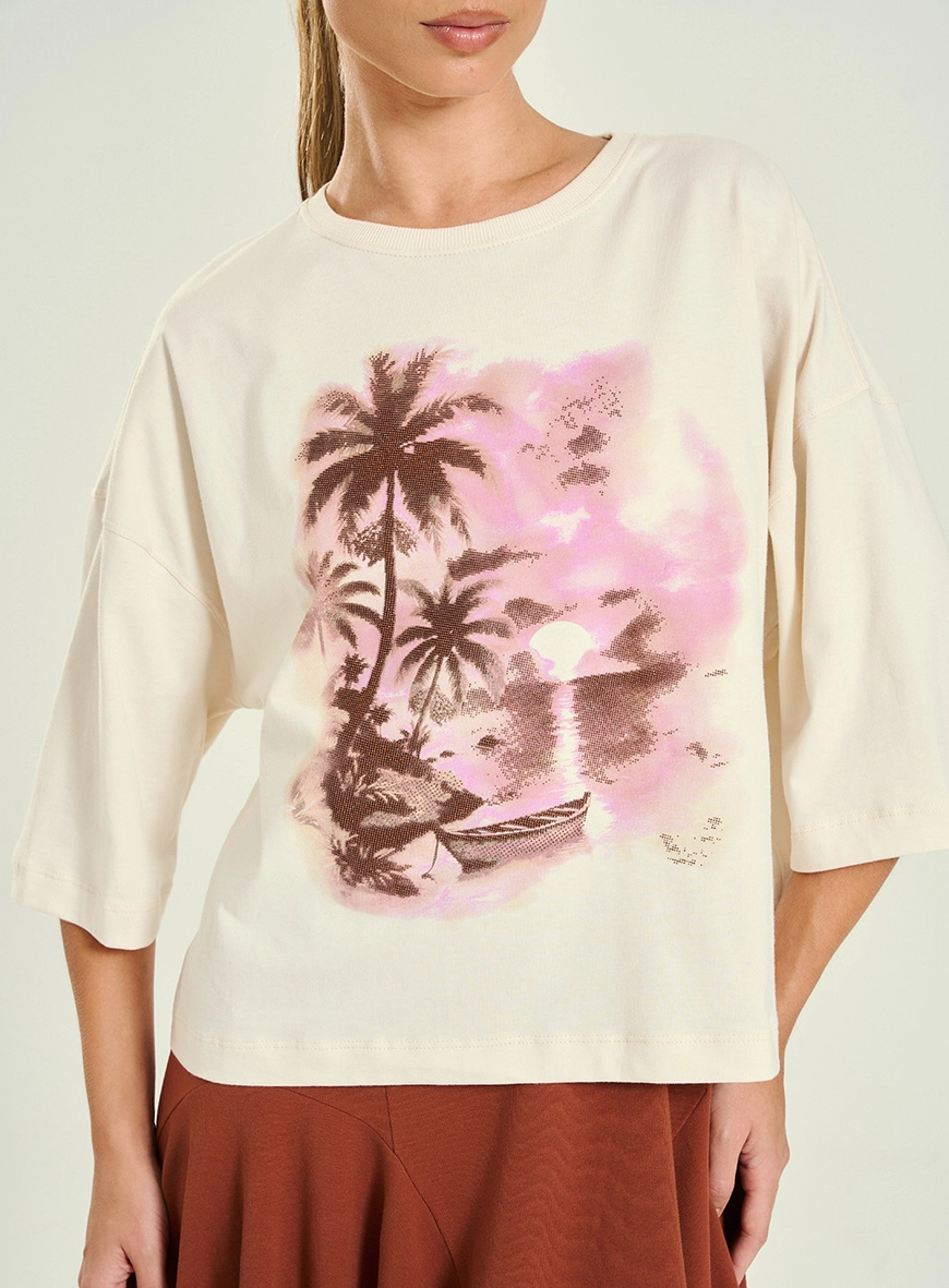 Camiseta Feminina Oversized Estampada Bege 3