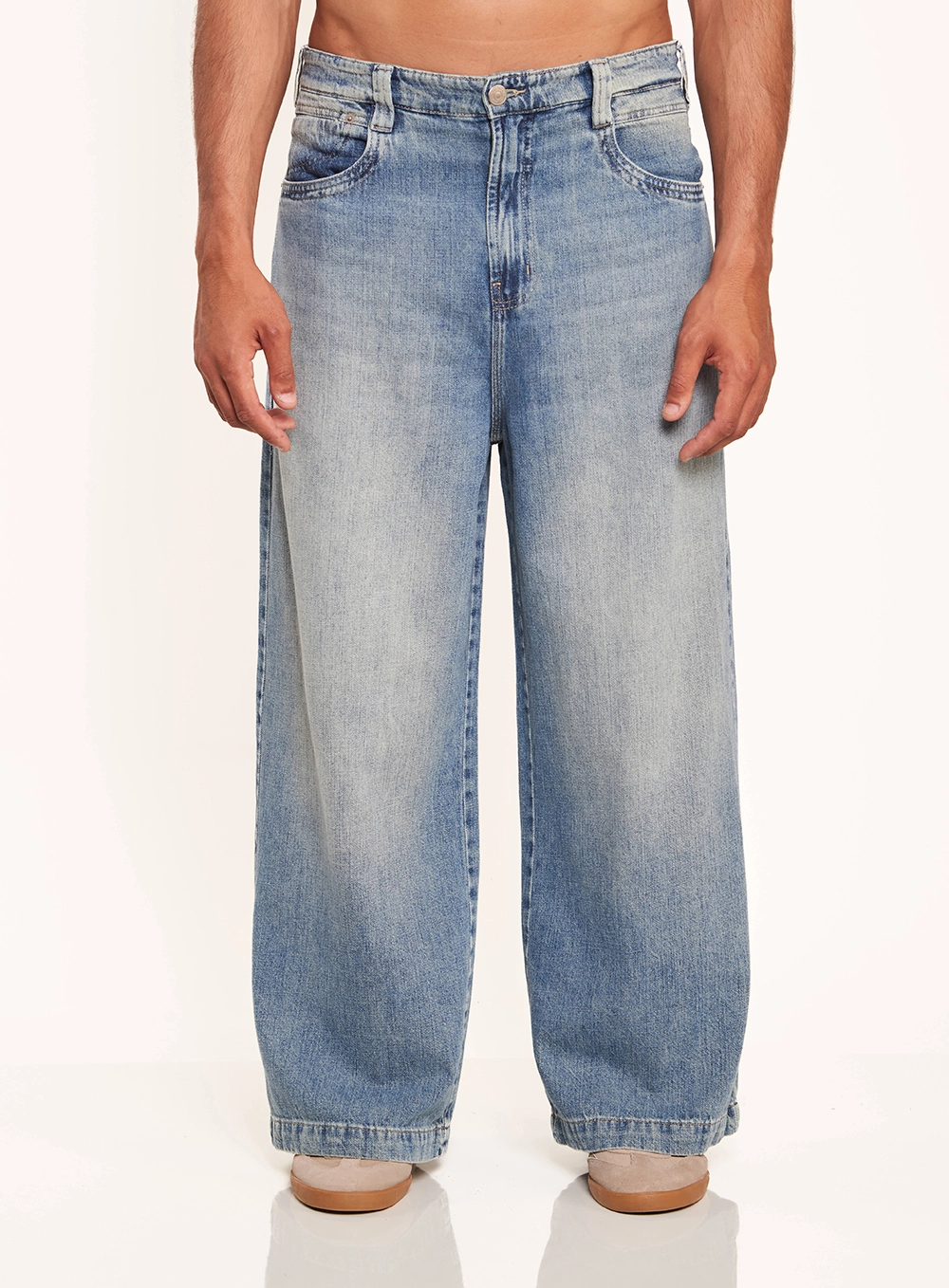 Calça Masculina Jeans Wide Leg Com Bolsos Índigo