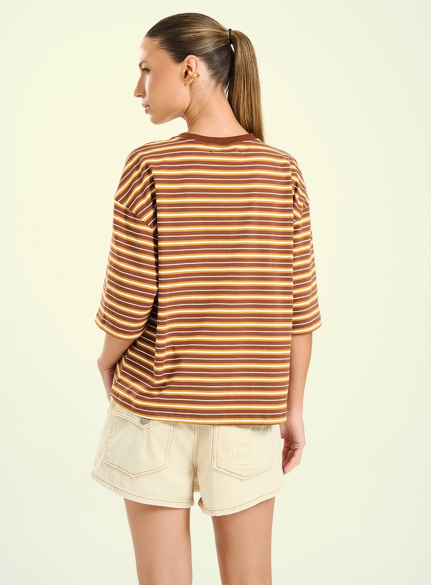 Camiseta Feminina Boxy Listrada Com Bordado Marrom 2