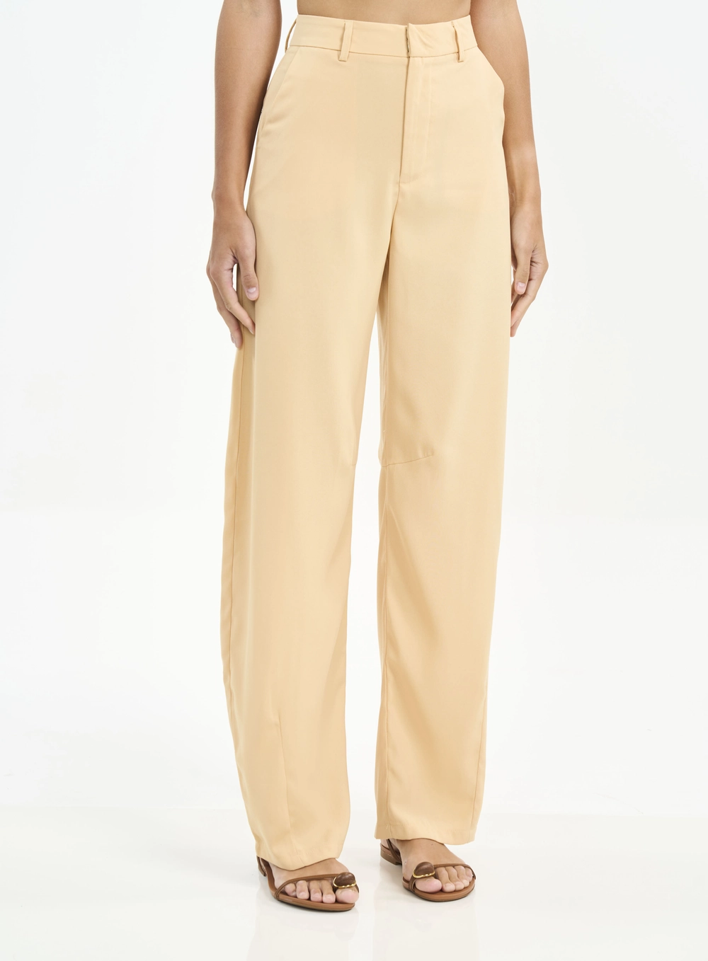Calça Feminina Pantalona Com Bolsos Bege