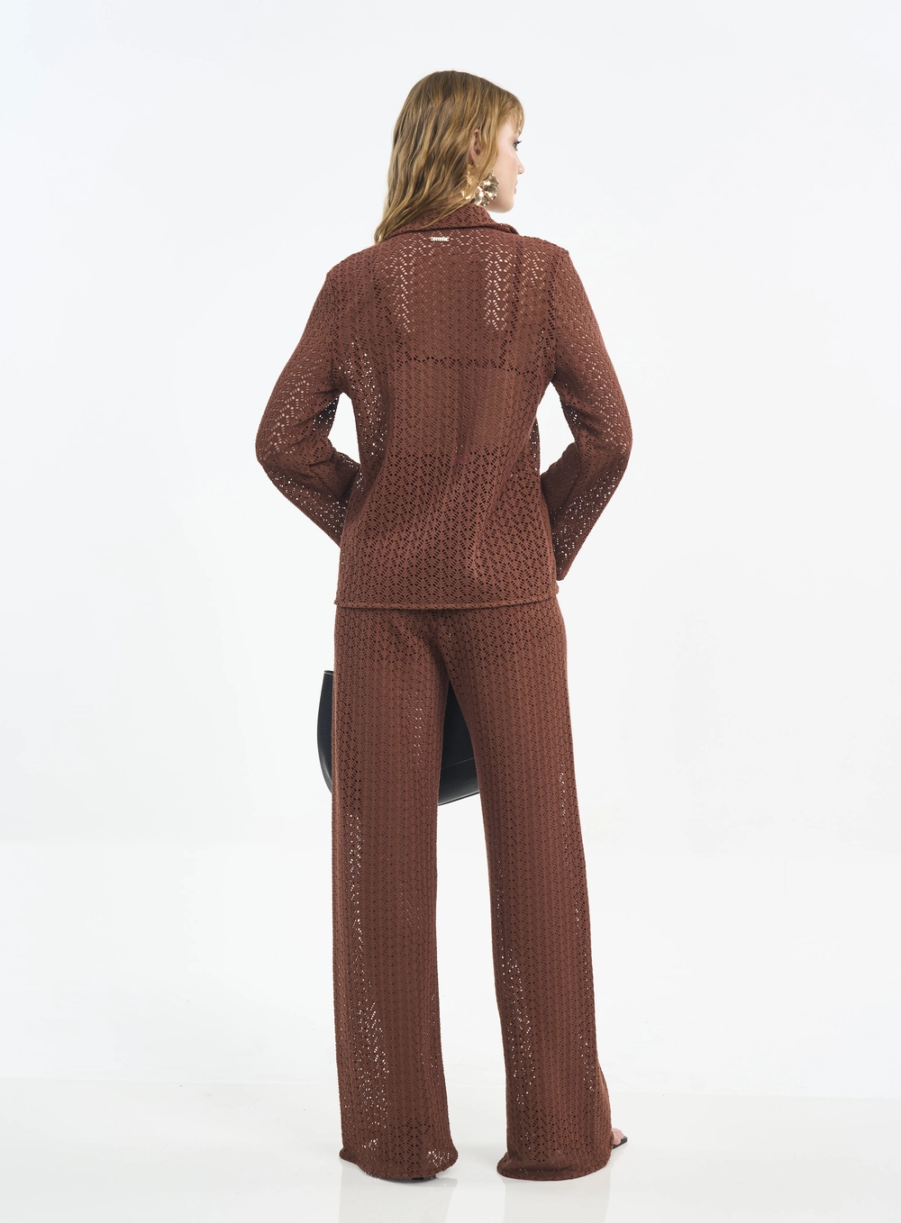 Calça Feminina Wide Leg Com Amarração E Textura Marrom