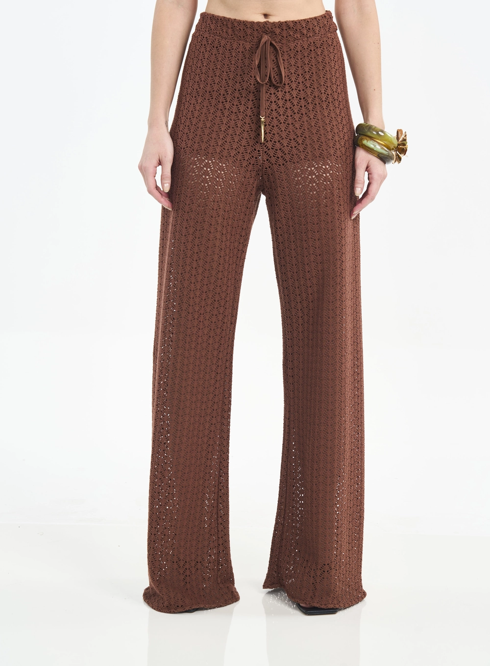 Calça Feminina Wide Leg Com Amarração E Textura Marrom