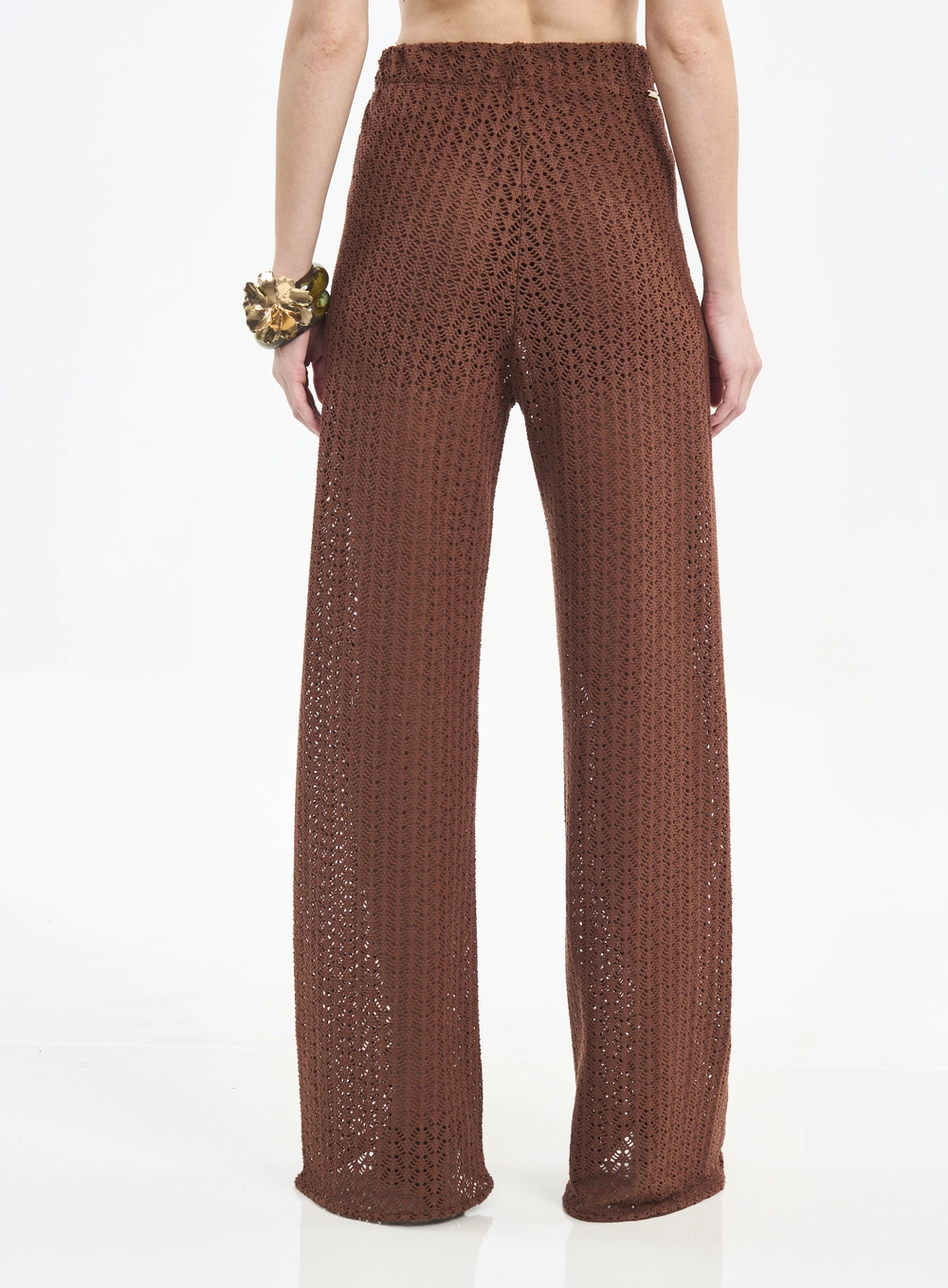 Calça Feminina Wide Leg Com Amarração E Textura Marrom
