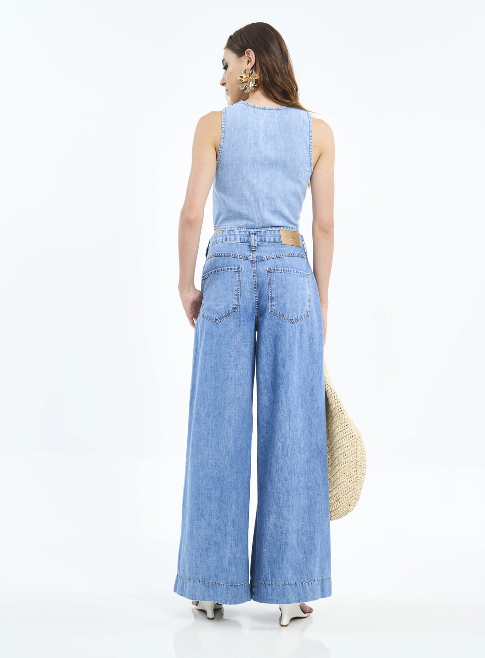 Calça Jeans Pantalona Com Pregas Índigo