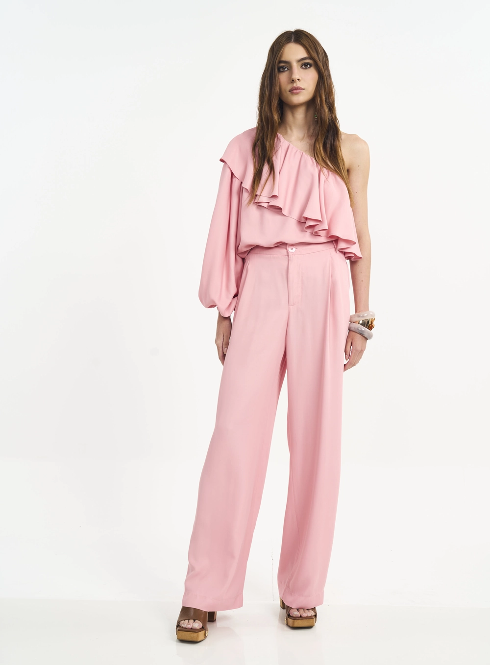 Calça Pantalona Com Pregas E Lastex Rosa