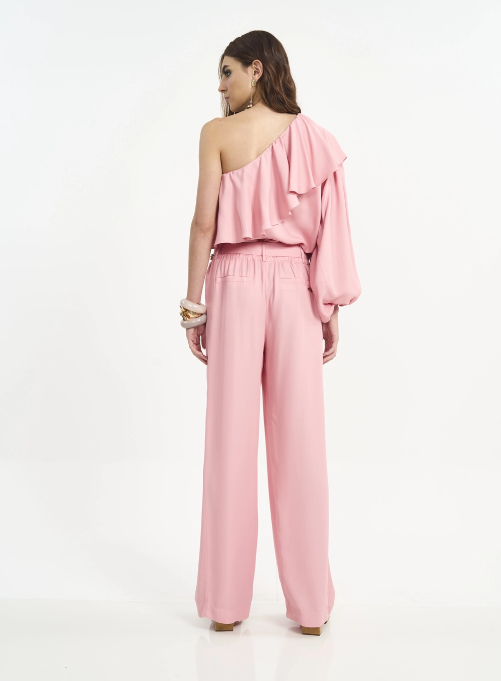 Calça Pantalona Com Pregas E Lastex Rosa