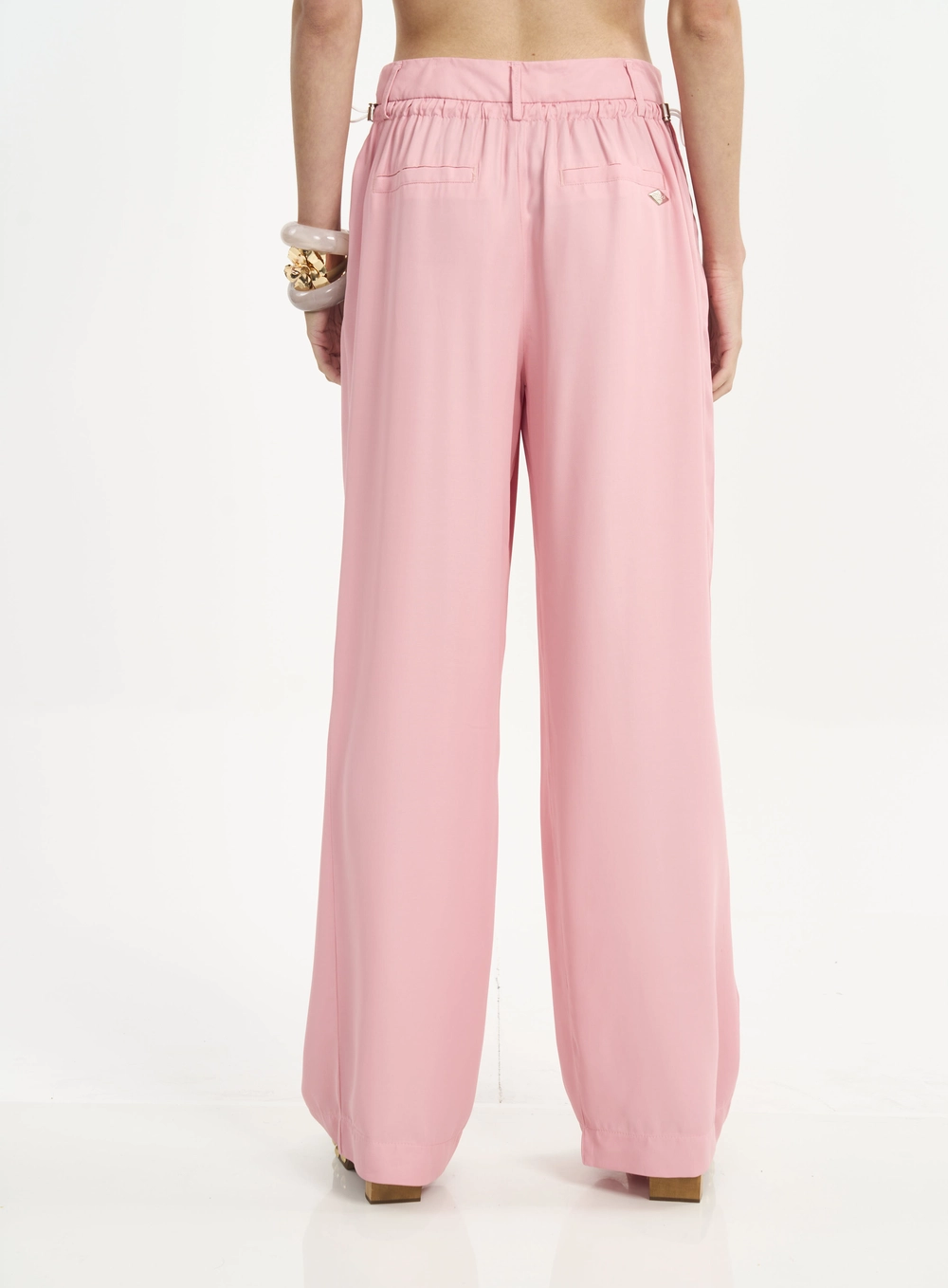 Calça Pantalona Com Pregas E Lastex Rosa