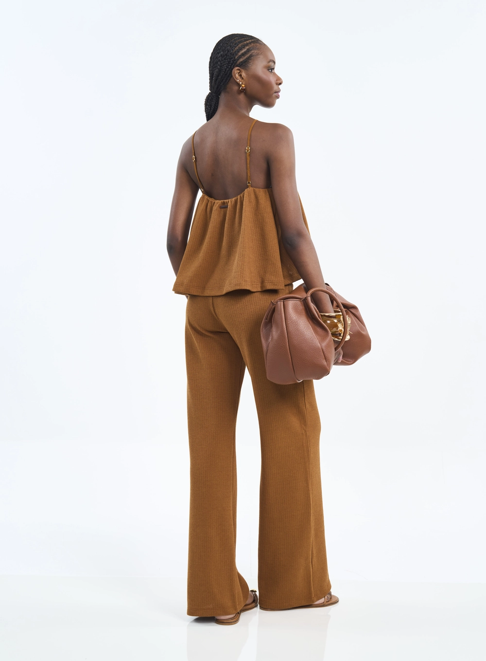 Calça Feminina Pantalona Com Textura Marrom