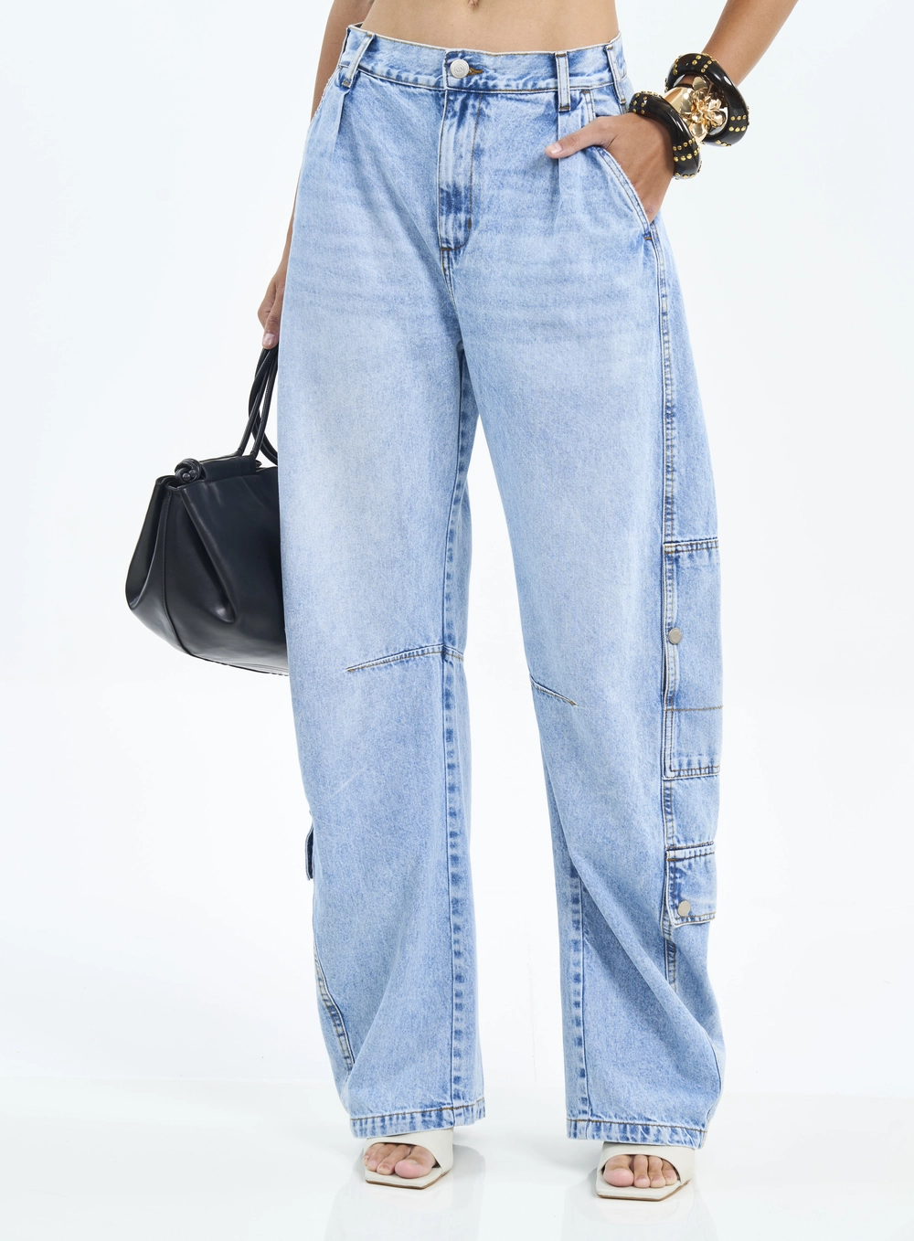 Calça Feminina Wide Leg Com Bolsos Cargo Índigo