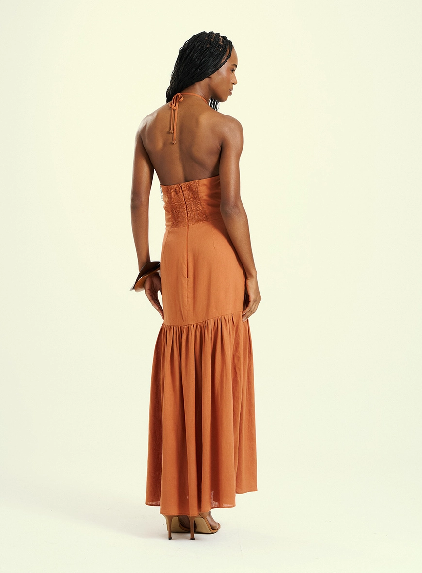Vestido Feminino Longo Em Linho Com Cut-out Marrom 2