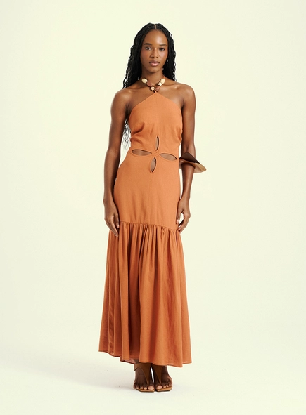 Vestido Feminino Longo Em Linho Com Cut-out