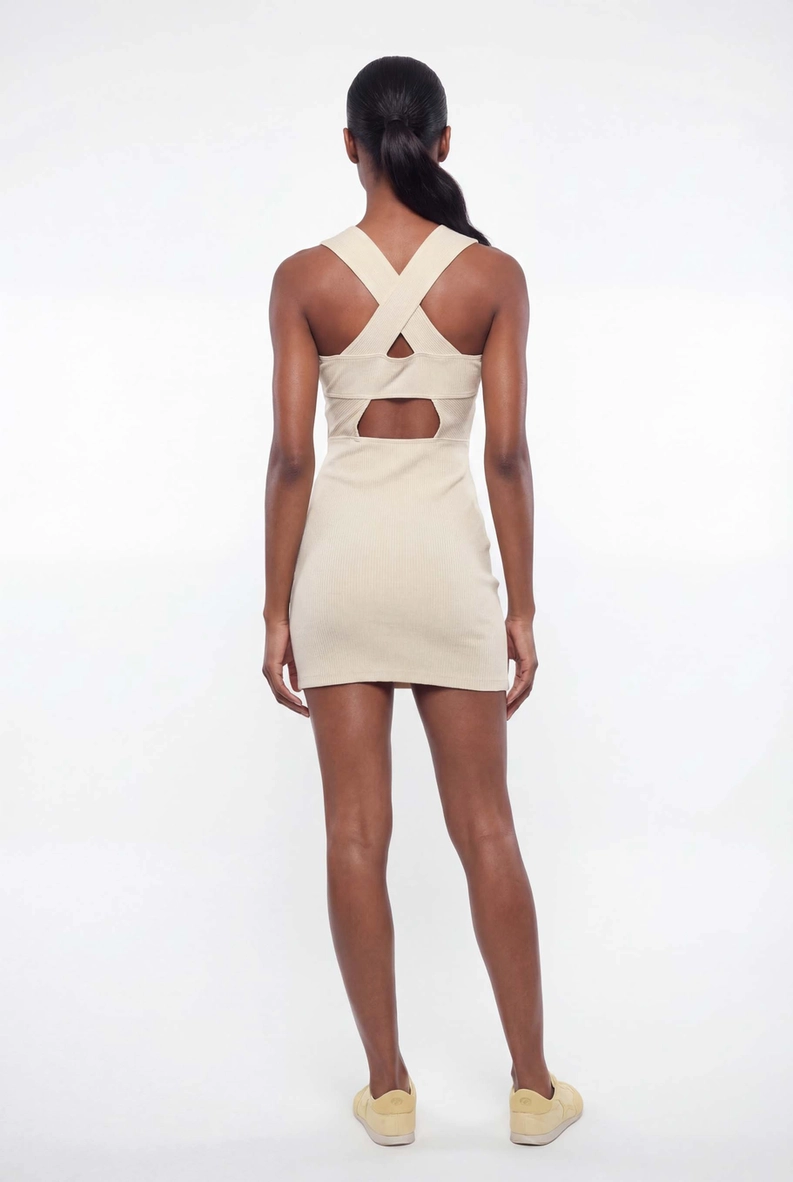 Vestido Curto Canelado Slim Bege 2