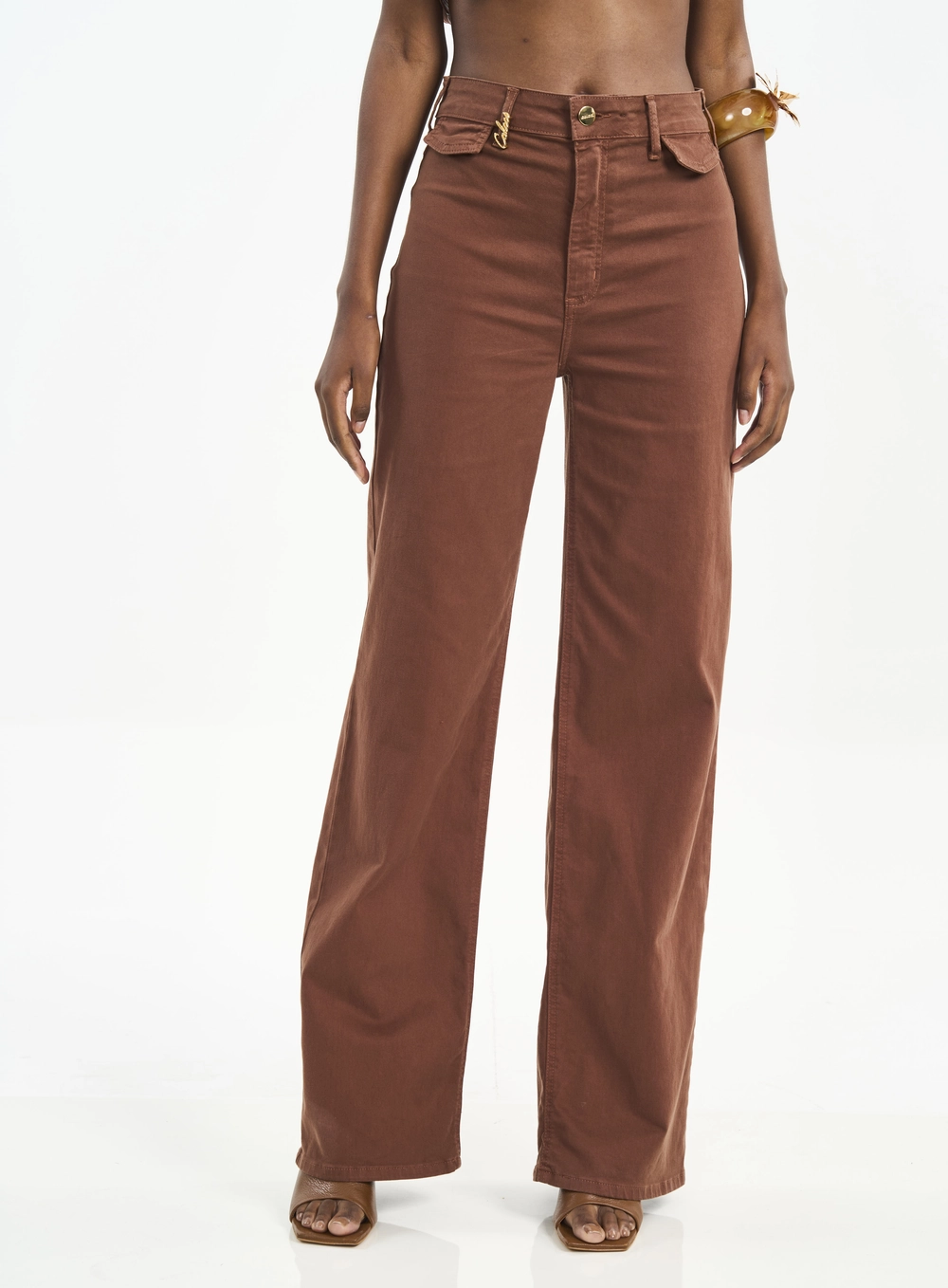 Calça Feminina Cintura Alta Com Lapelas Marrom