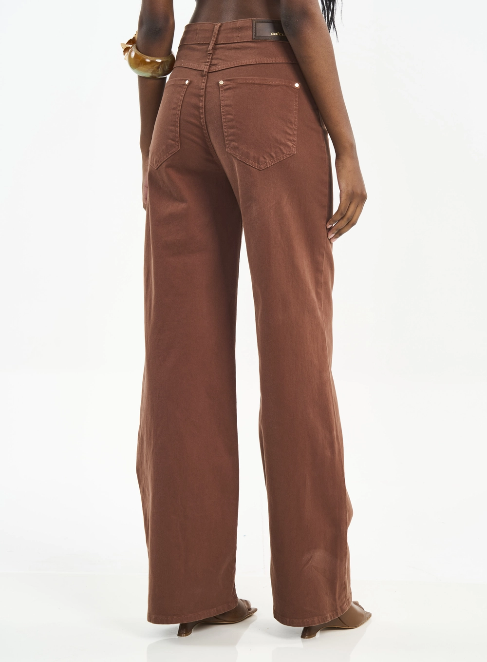 Calça Feminina Cintura Alta Com Lapelas Marrom