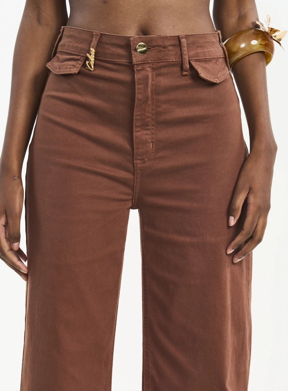 Calça Feminina Cintura Alta Com Lapelas Marrom