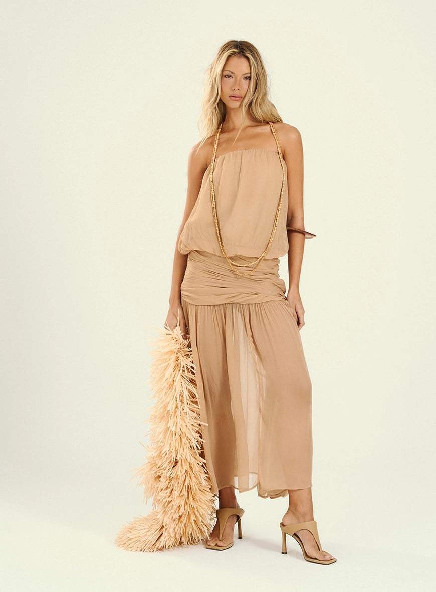 Vestido Feminino Longo Com Drapeado Bege 1