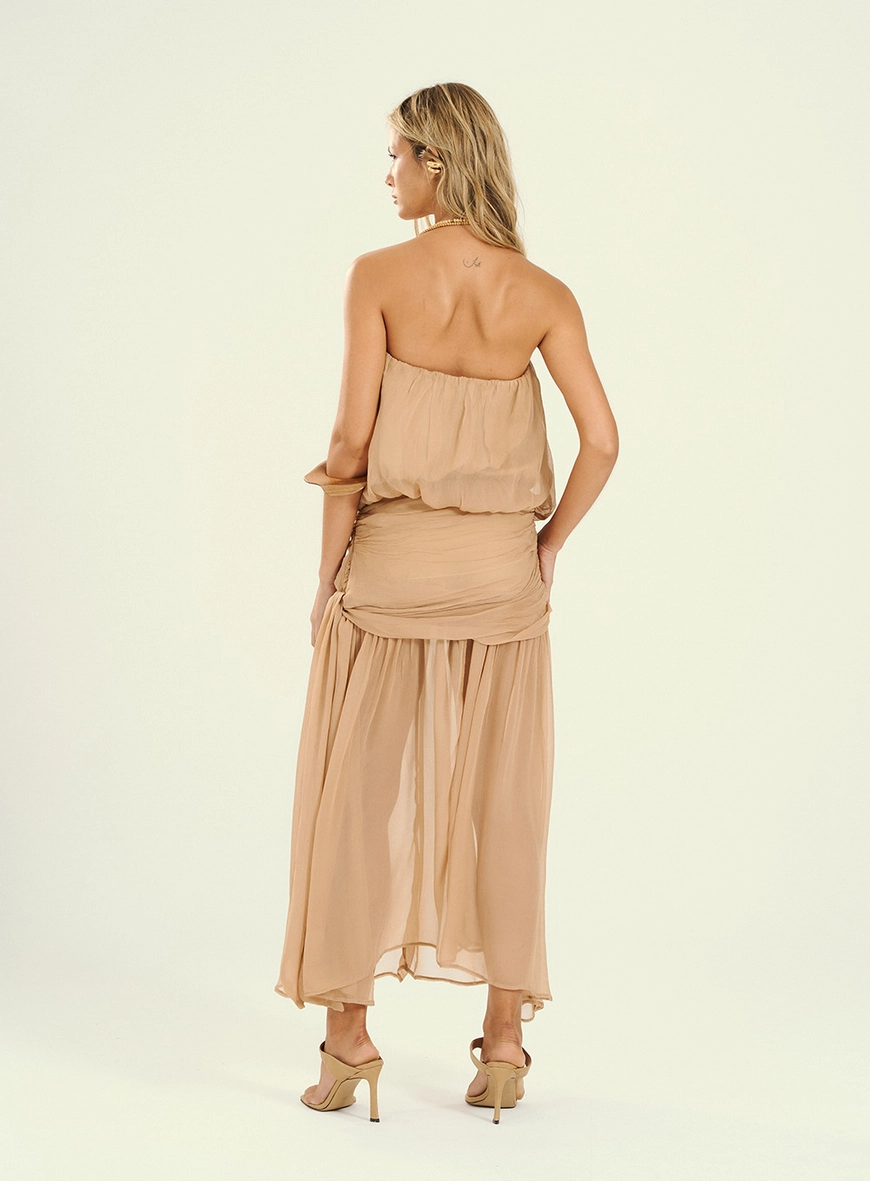 Vestido Feminino Longo Com Drapeado Bege 2
