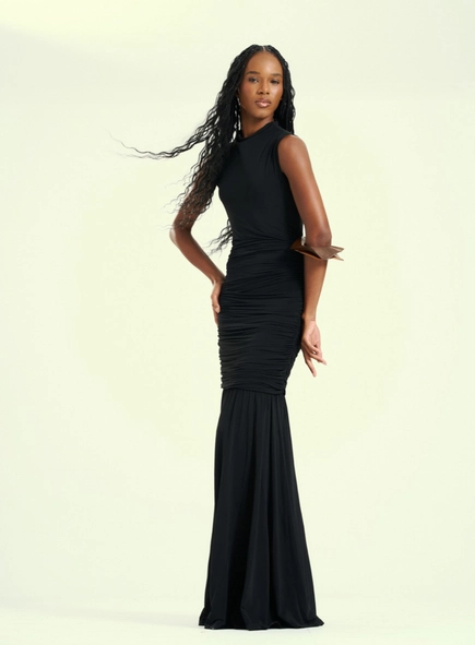 Vestido Feminino Longo Gola Alta Drapeado