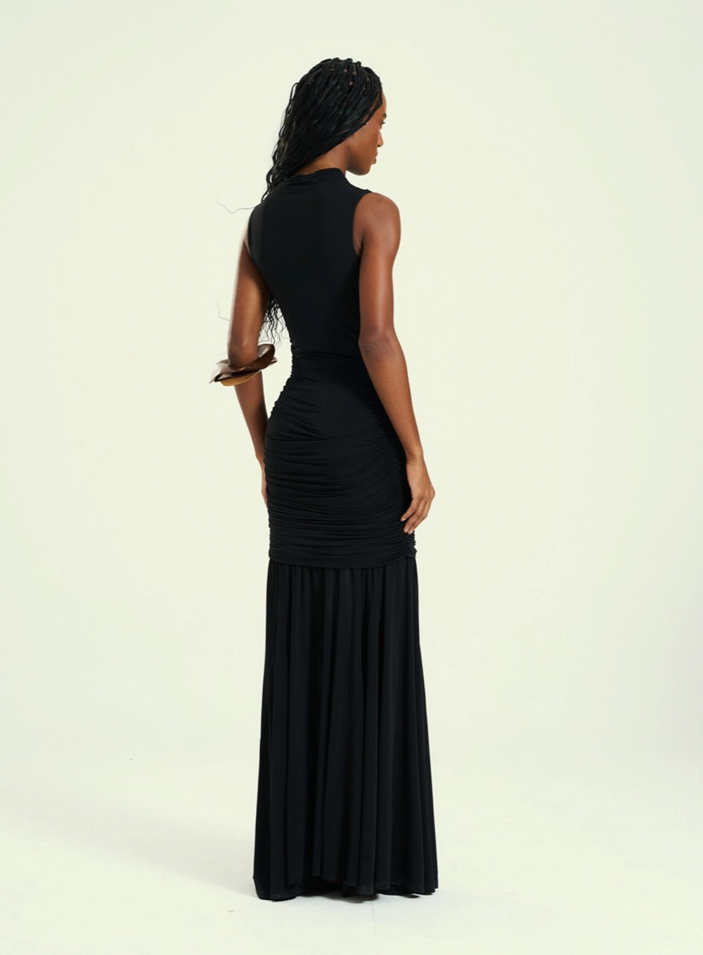 Vestido Feminino Longo Gola Alta Drapeado Preto 2