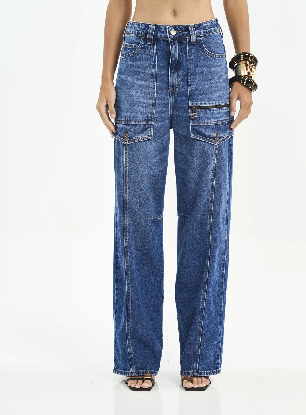 Calça Feminina Bruna Low Com Bolsos Cargo E Zíper Índigo
