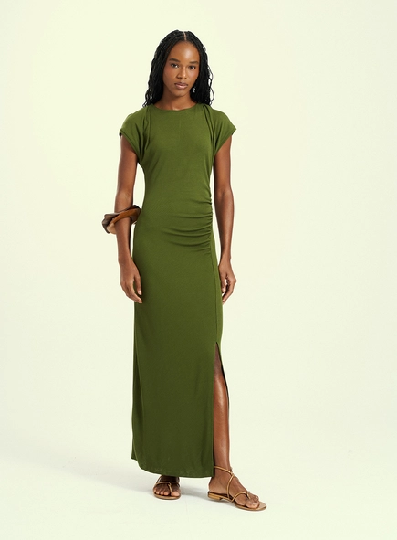 Vestido Feminino Longo Sinuoso Com Franzido