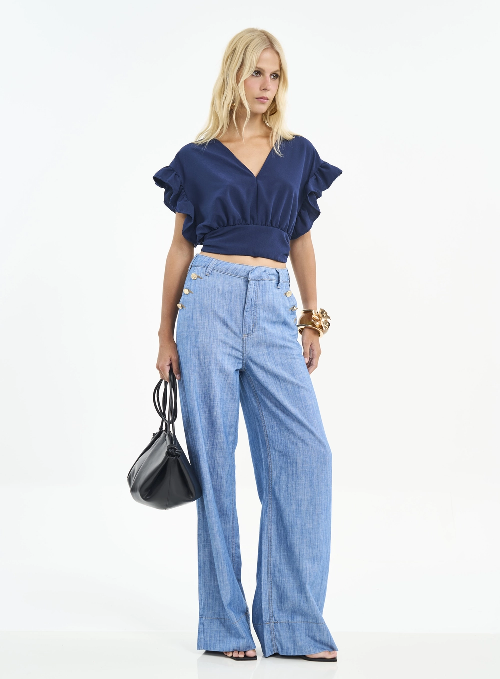 Calça Feminina Wide Leg Com Botões Índigo