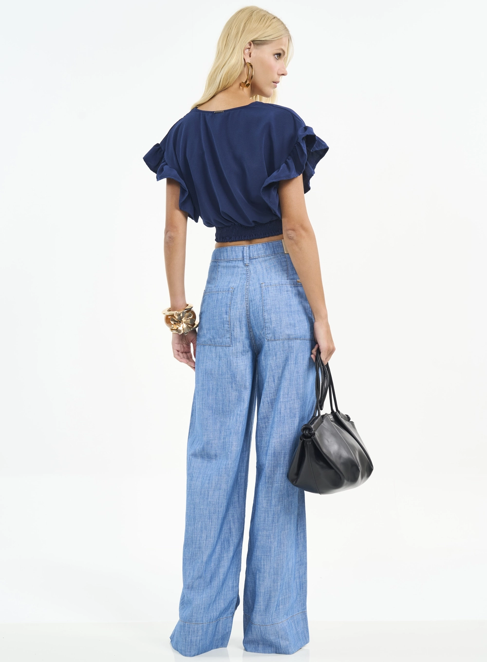 Calça Feminina Wide Leg Com Botões Índigo