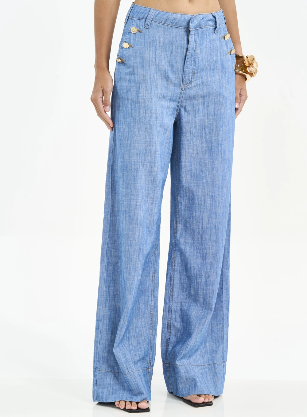 Calça Feminina Wide Leg Com Botões Índigo