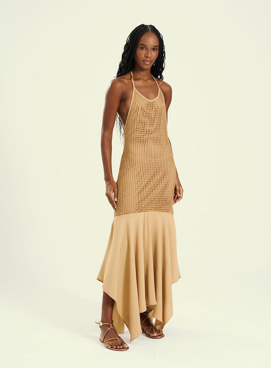 Vestido Feminino Longo Com Barra Assimétrica Bege 1