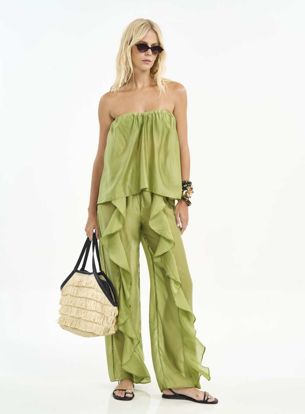 Calça Feminina Pantalona Com Babados E Elástico Verde