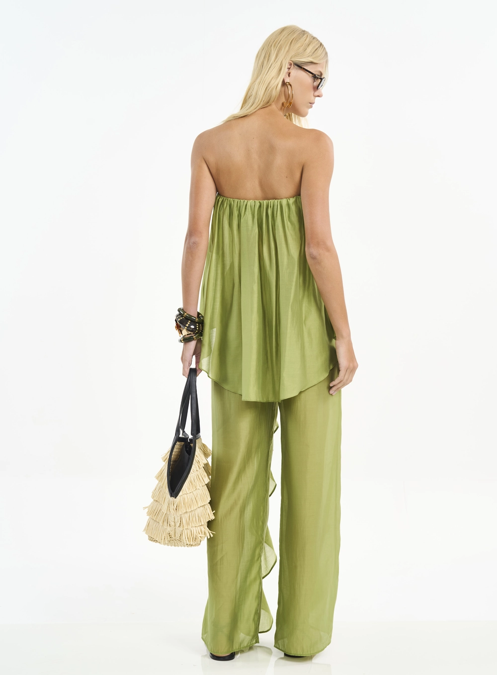 Calça Feminina Pantalona Com Babados E Elástico Verde