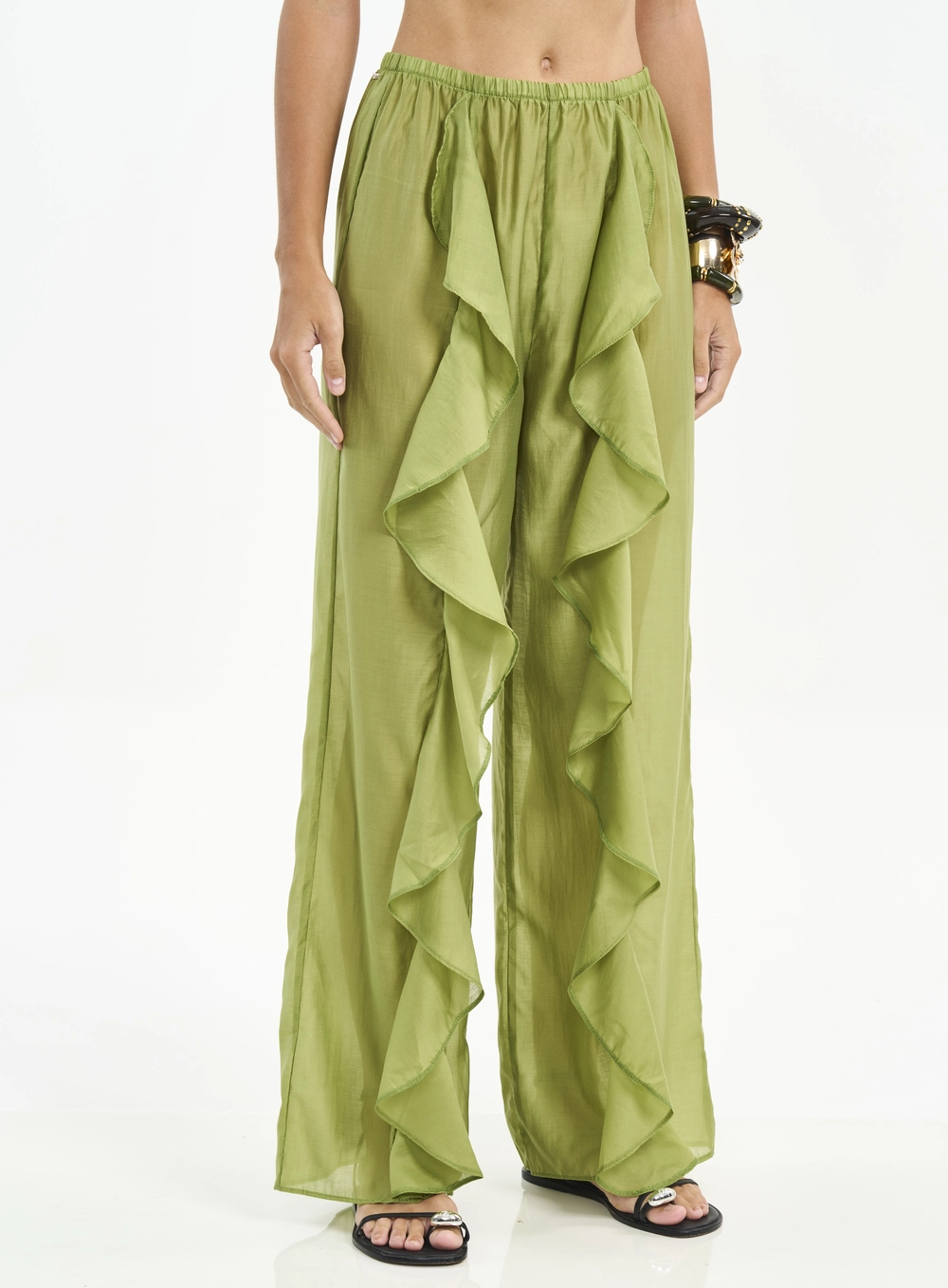 Calça Feminina Pantalona Com Babados E Elástico Verde