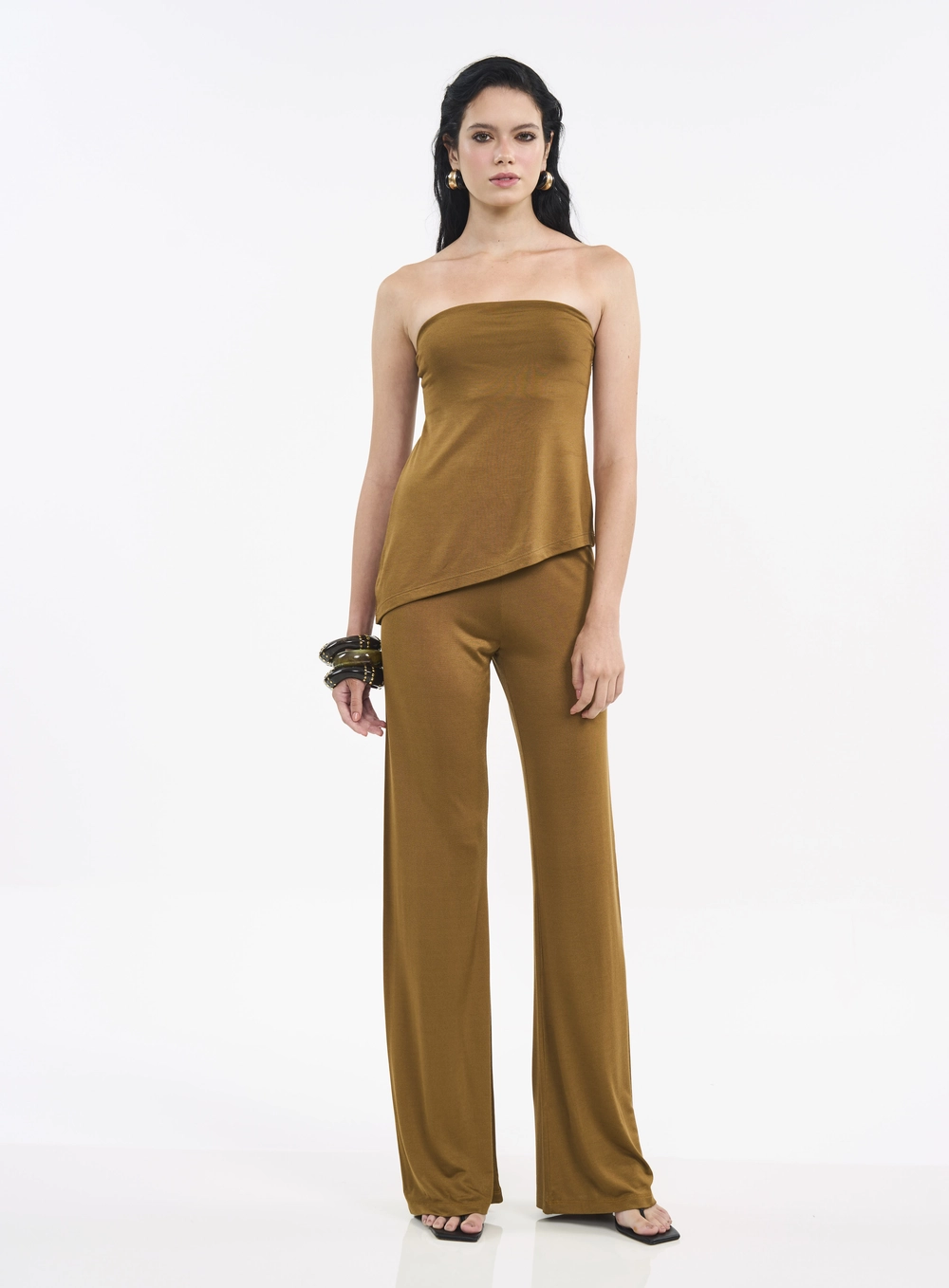 Calça Feminina Pantalona Com Cós Elástico Marrom
