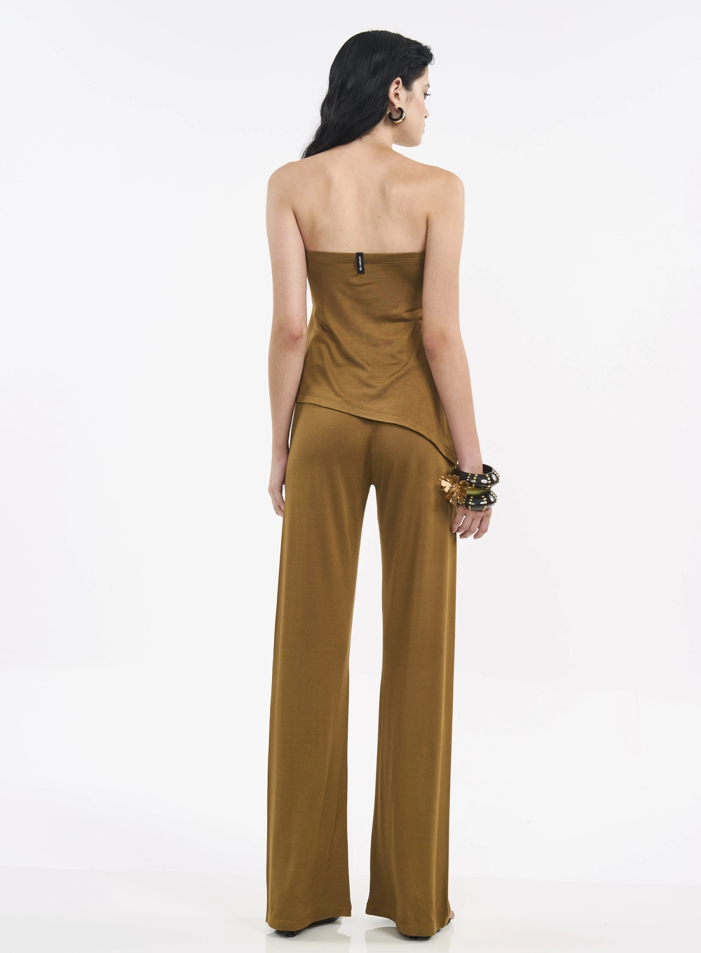 Calça Feminina Pantalona Com Cós Elástico Marrom