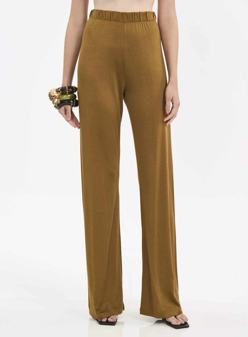 Calça Feminina Pantalona Com Cós Elástico Marrom