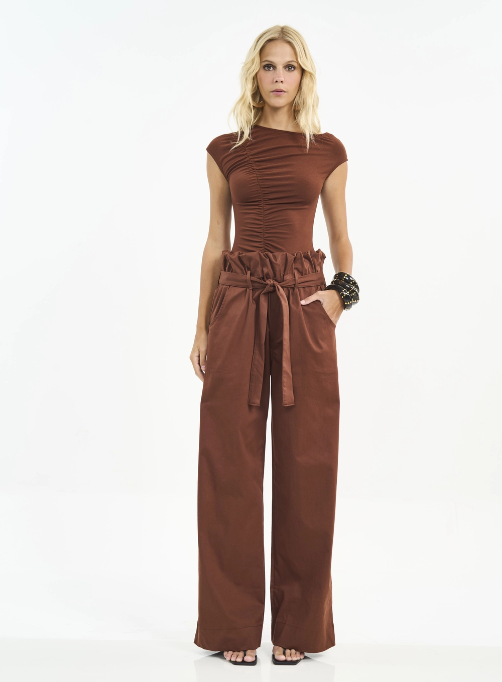 Calça Feminina Wide Leg Com Amarração Marrom