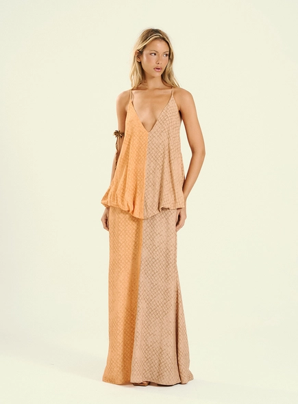 Vestido Feminino Longo Bicolor Costas Abertas
