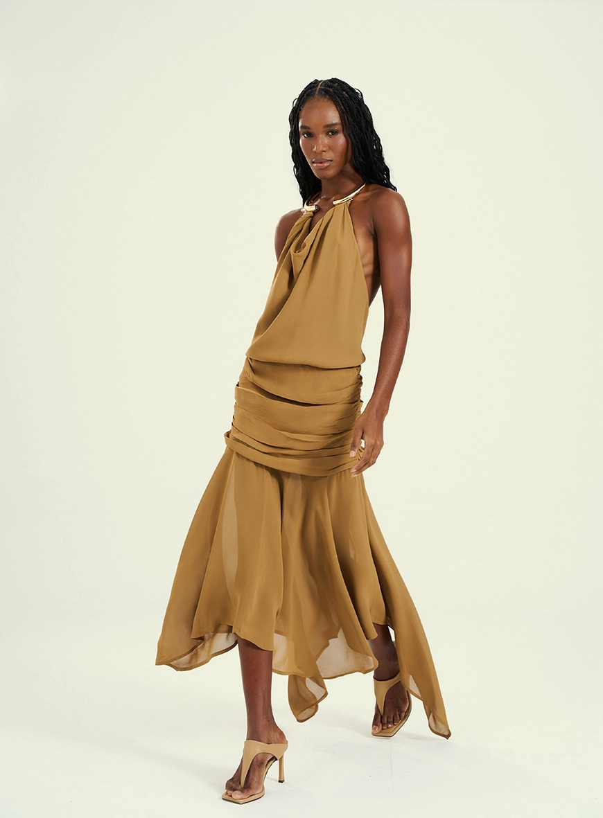 Vestido Feminino Longo Costas Abertas Bege 4
