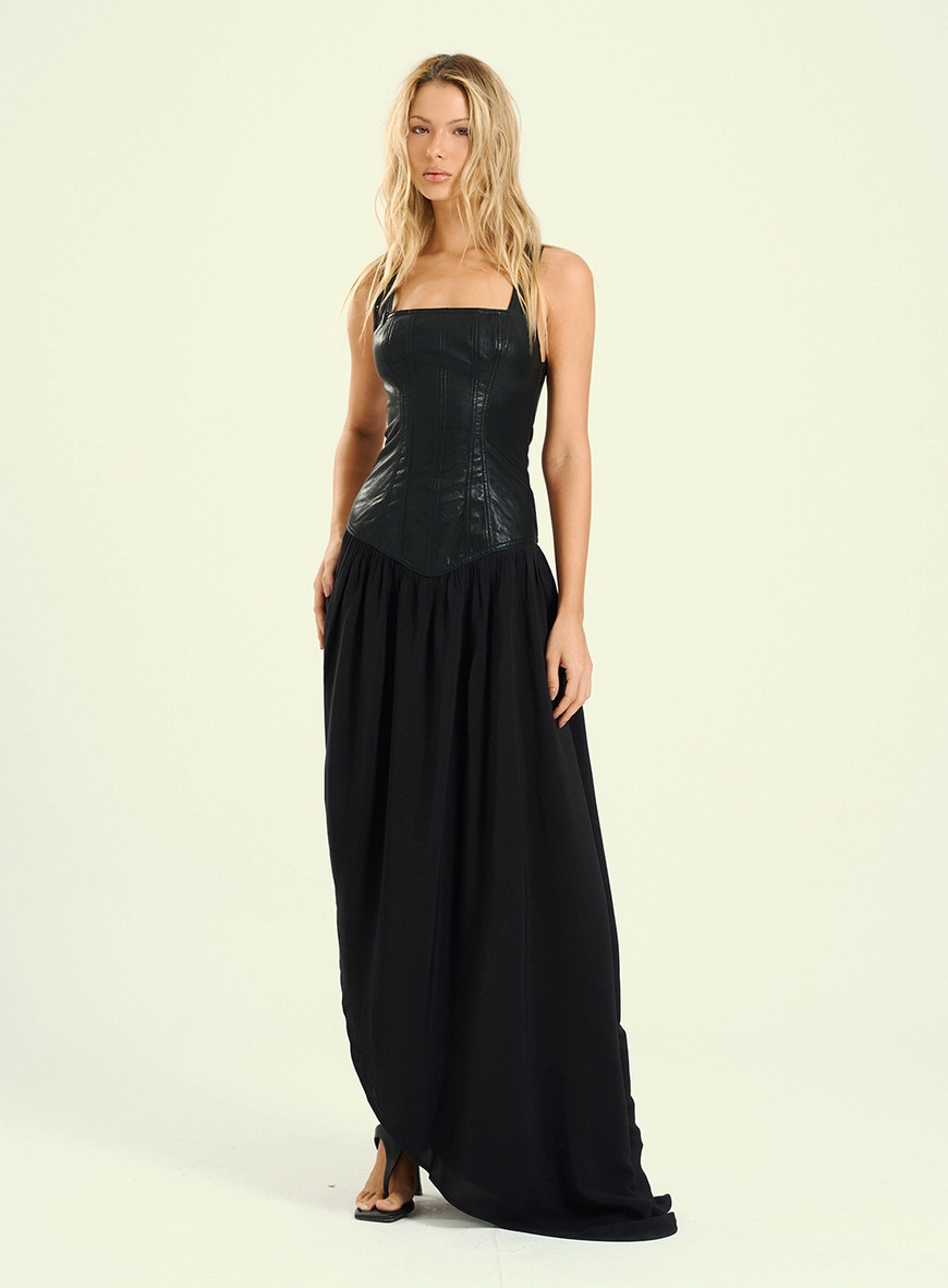 Vestido Feminino Longo Corset Em Pu Preto 1