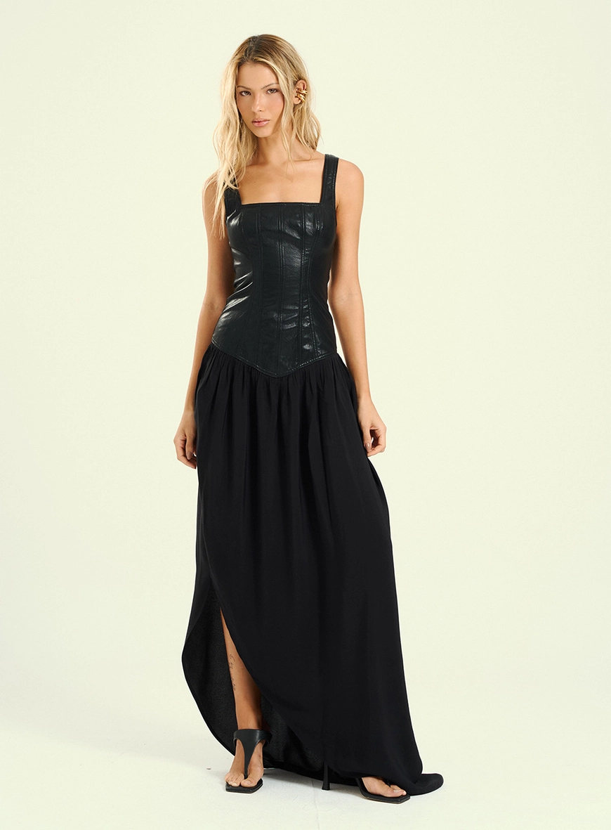 Vestido Feminino Longo Corset Em Pu Preto 4