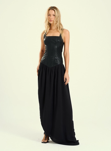 Vestido Feminino Longo Corset Em Pu