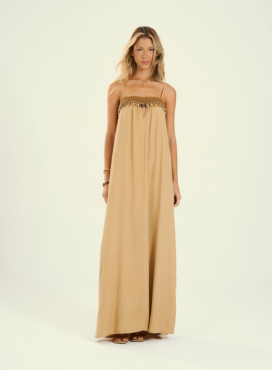 Vestido Feminino Longo Com Alças Finas Bege 1